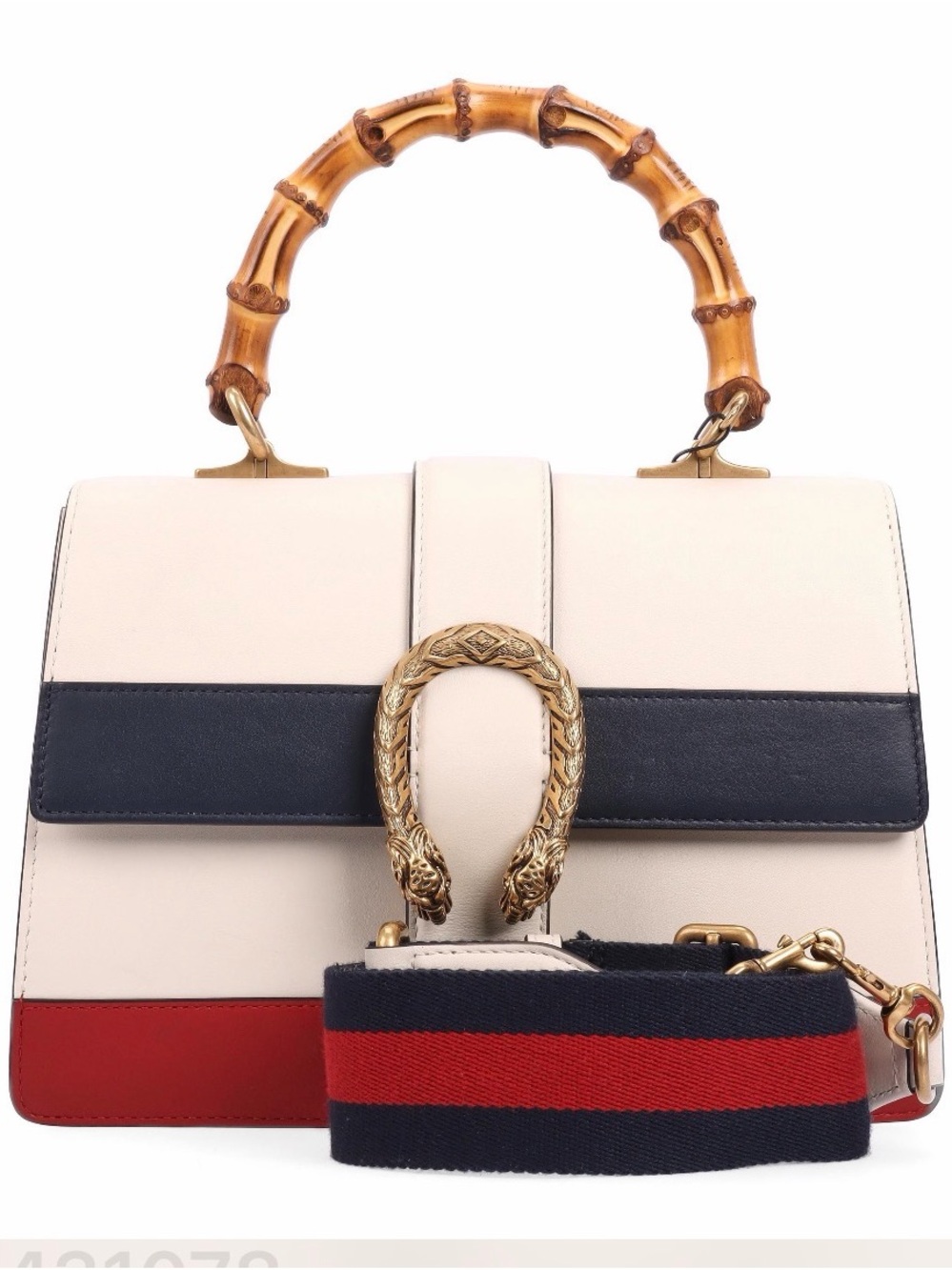 Gucci Dionysus medium bamboo top Handle Bag in Ivory/Blue/Red
